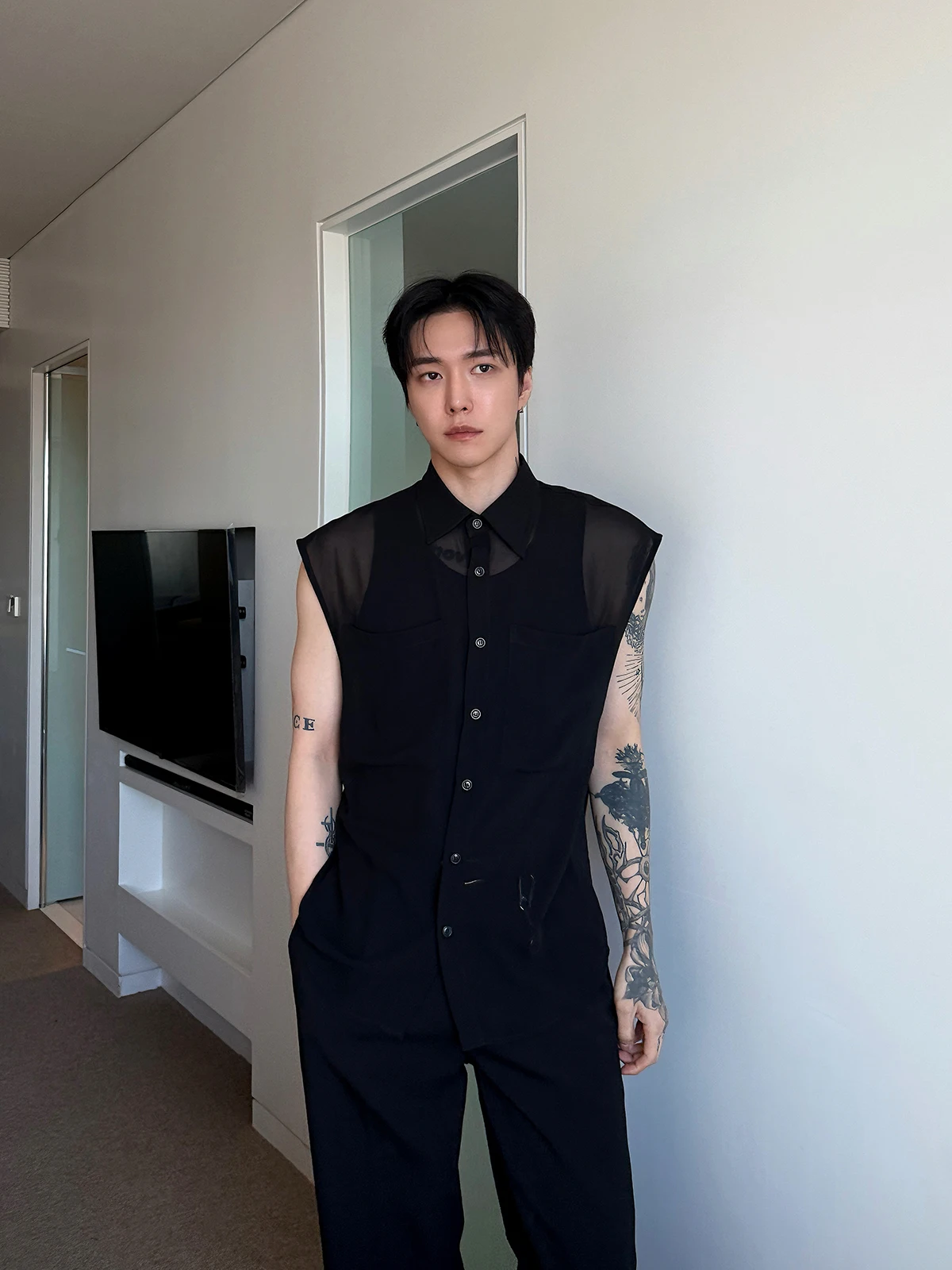 

Black See-through Long Sleeve Men's Shirt Loose Fit Cool Feeling Skin-friendly Breathable Non-shrinking Polyester Fiber