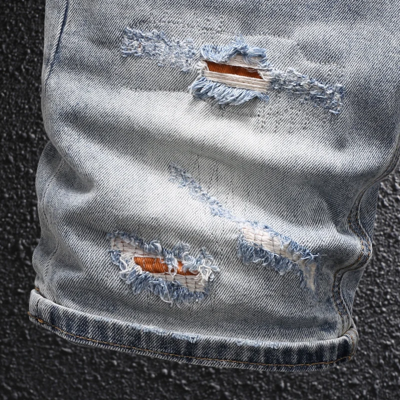 Summer Designer Fashion Men Jeans Retro Blue Stretch Slim Fit Ripped Denim Shorts Men Patched Hip Hop Y2K Vintage Shorts Hombre