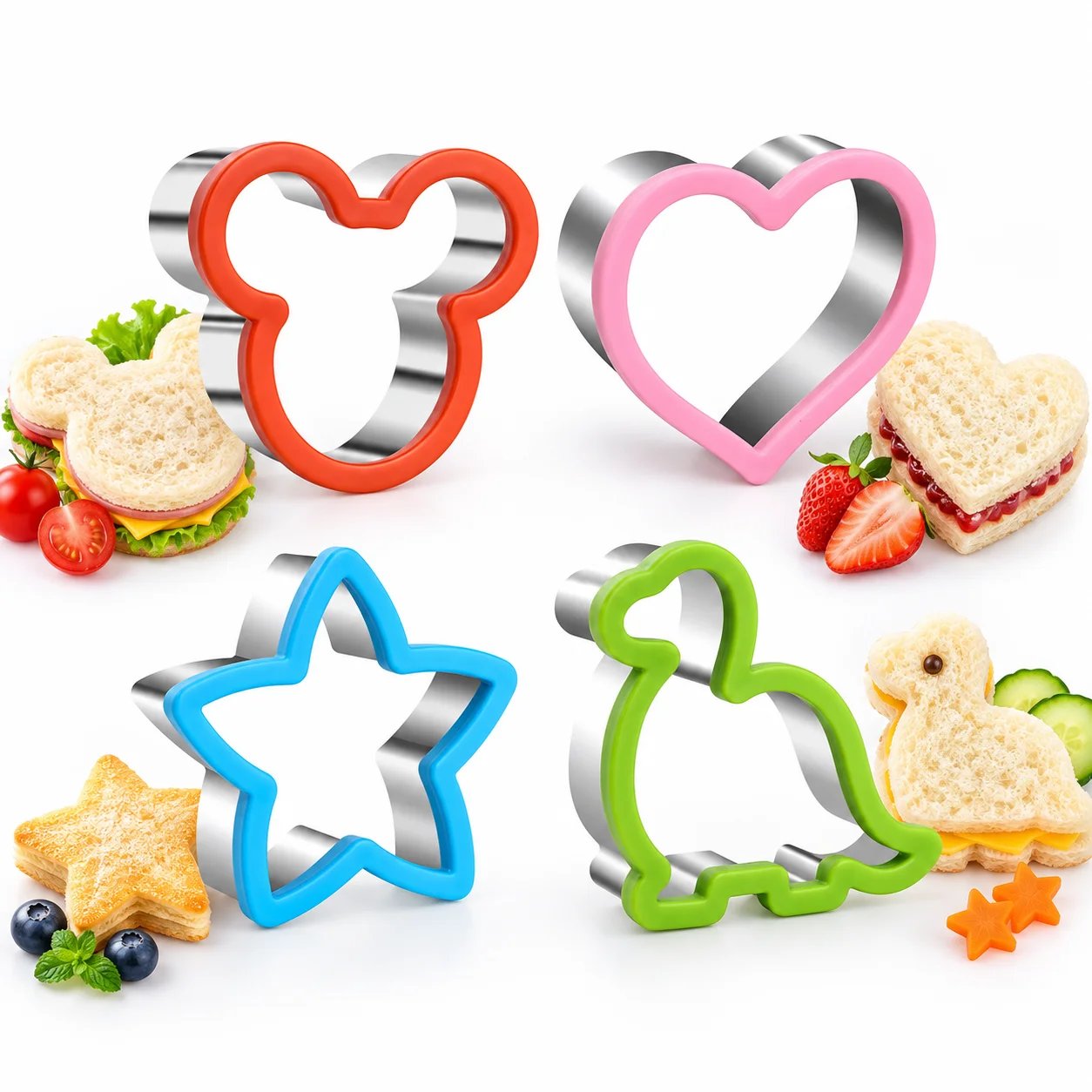 4PCS Sandwich Cutter Set Stainless Steel Non-Slip Dinosaur Bear Heart Star Molds for Bread Cookie Kids Holiday Party Home Baking