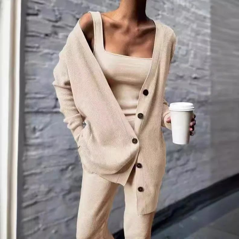 秋冬ニット女性用アウターセットベストパンツティーピーススーツエレスリムフィットコットンティエンエド中国製