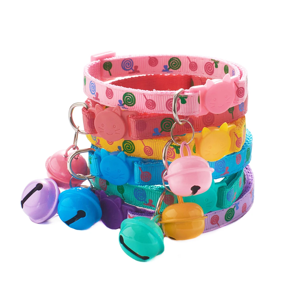 1pc Adjustable Breakaway Cat Collar With Bell Rainbow Cat Collar Dog Lollipop Prints Pet Cats Collars For Small Dog Necklace