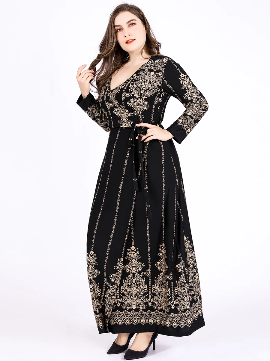 2023 Autumn Winter Wrap Dress Woman Long Sleeve Retro Printing Maxi Long Dubai Abaya Muslim Dress Plus Size Islamic Clothing