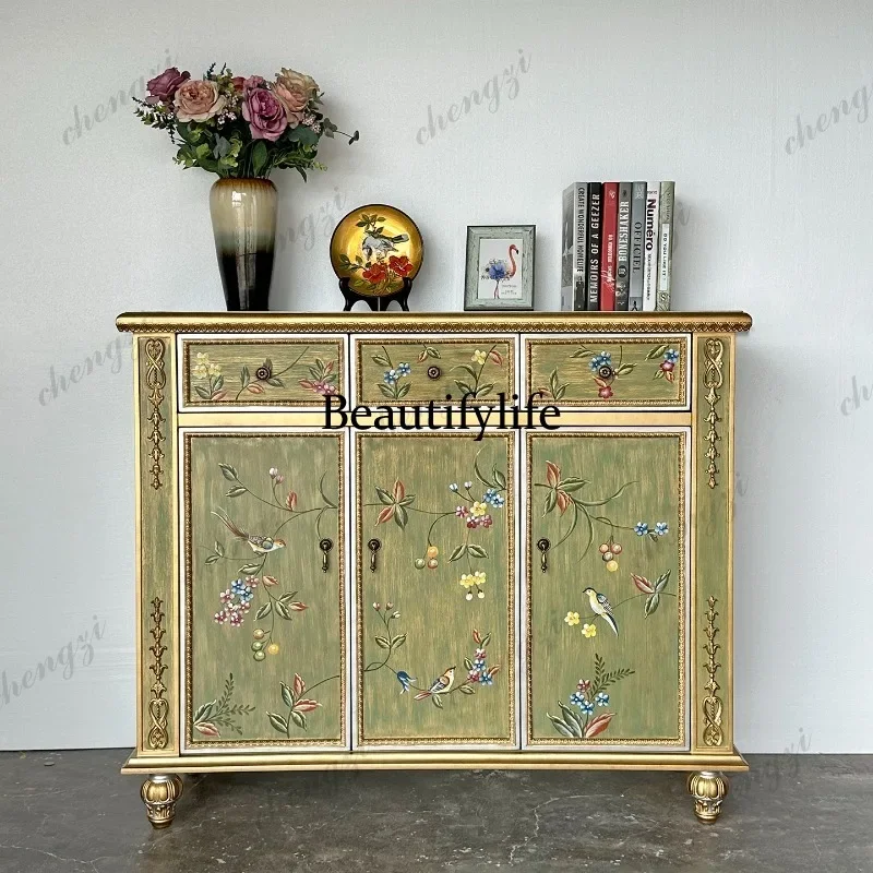 P3  French hand-painted porch cabinet living room multi-functional locker retro green dining side cabinet
