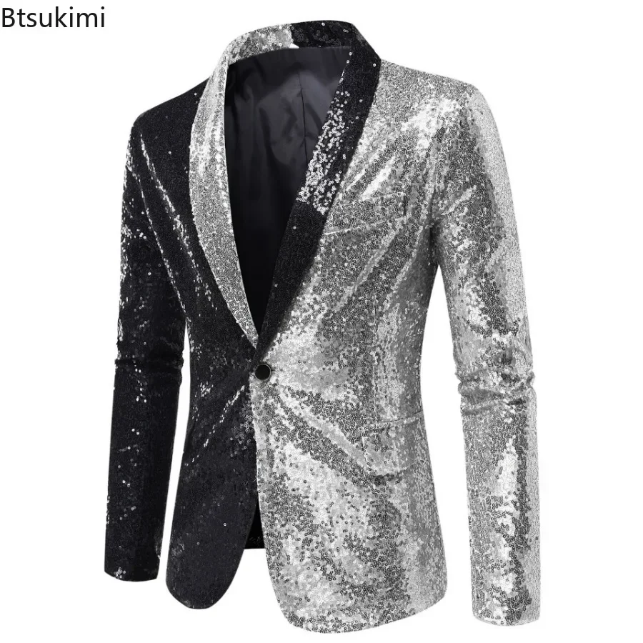 2025 Blazer da smoking con paillettes patchwork da uomo Elegante scialle lucido con risvolto Giacca con un bottone Giacca da uomo Disco Party