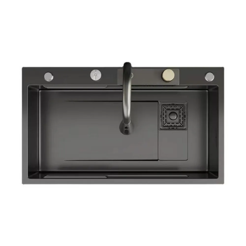 Stainless Steel Black Raindance Waterfall Kitchen Sink Large Single Bowl Wash Basin Sink Undercounter Topmount Faucet Drain