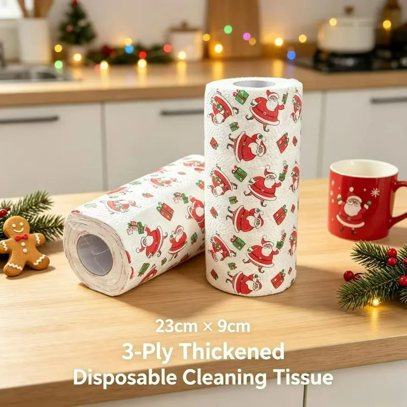 Christmas Kitchen Paper Towels, 3-Ply Thickened Disposable Roll, Wet Dry Dual Use Cleaning Tissues, Random Style Home Supplies