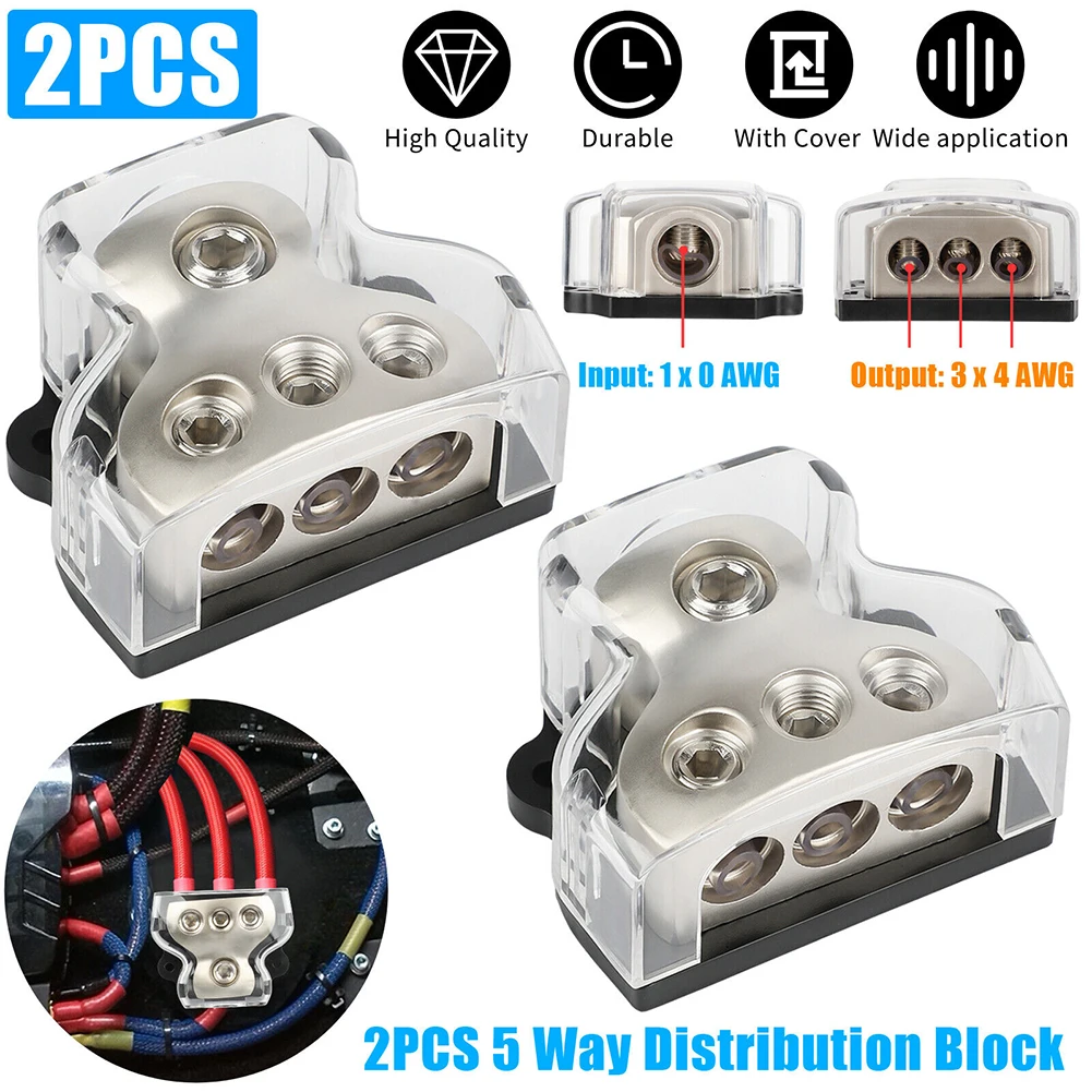 

3 Way Power Distribution Block Car Amplifier Audio Splitter 1 x 0 Gauge In 3 x 4 Gauge Out High Conductivity Ground Distributor