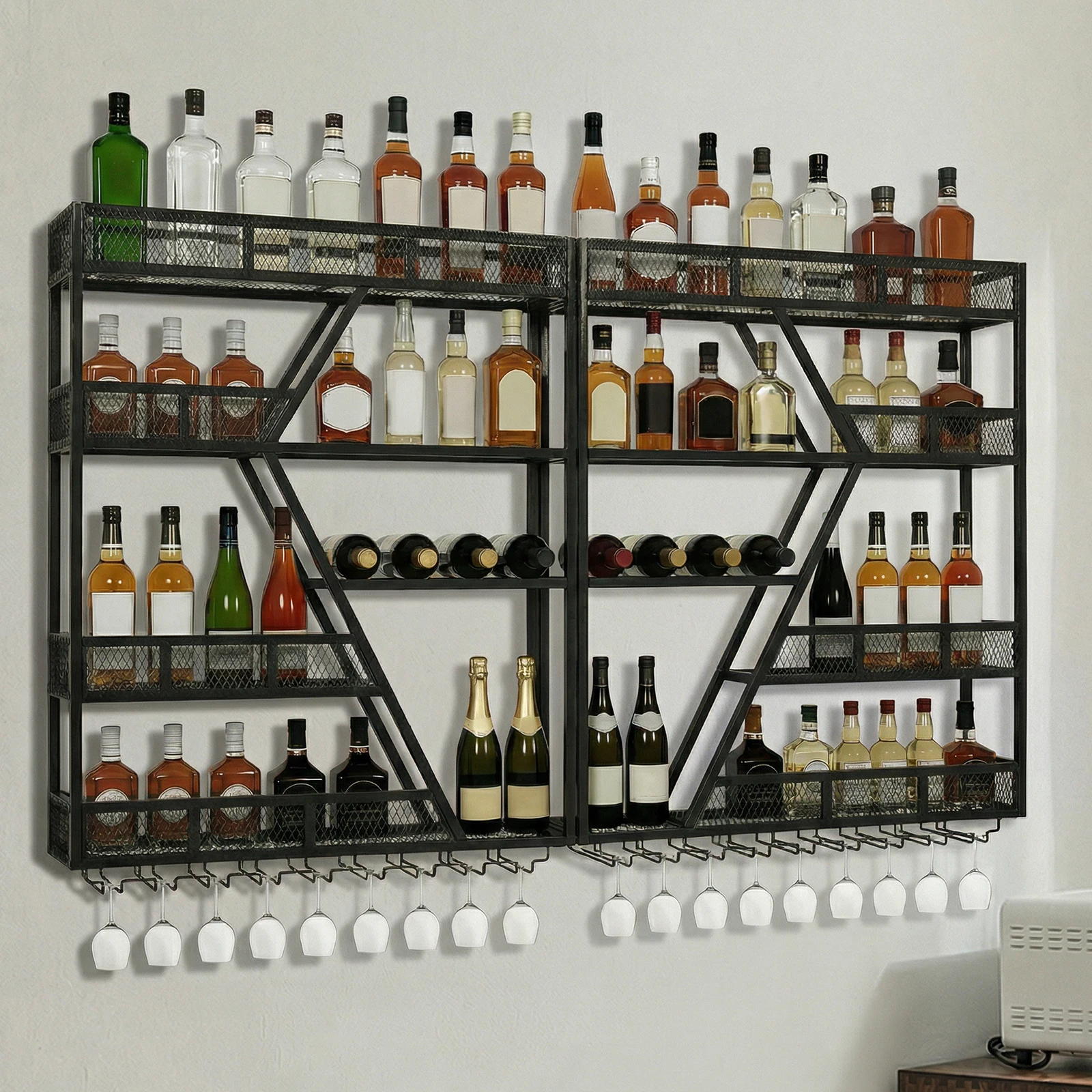 

Настенная металлическая полка-стеллаж на 3/4 уровня для винных бутылок с держателями для бокалов для кухни, столовой, дома