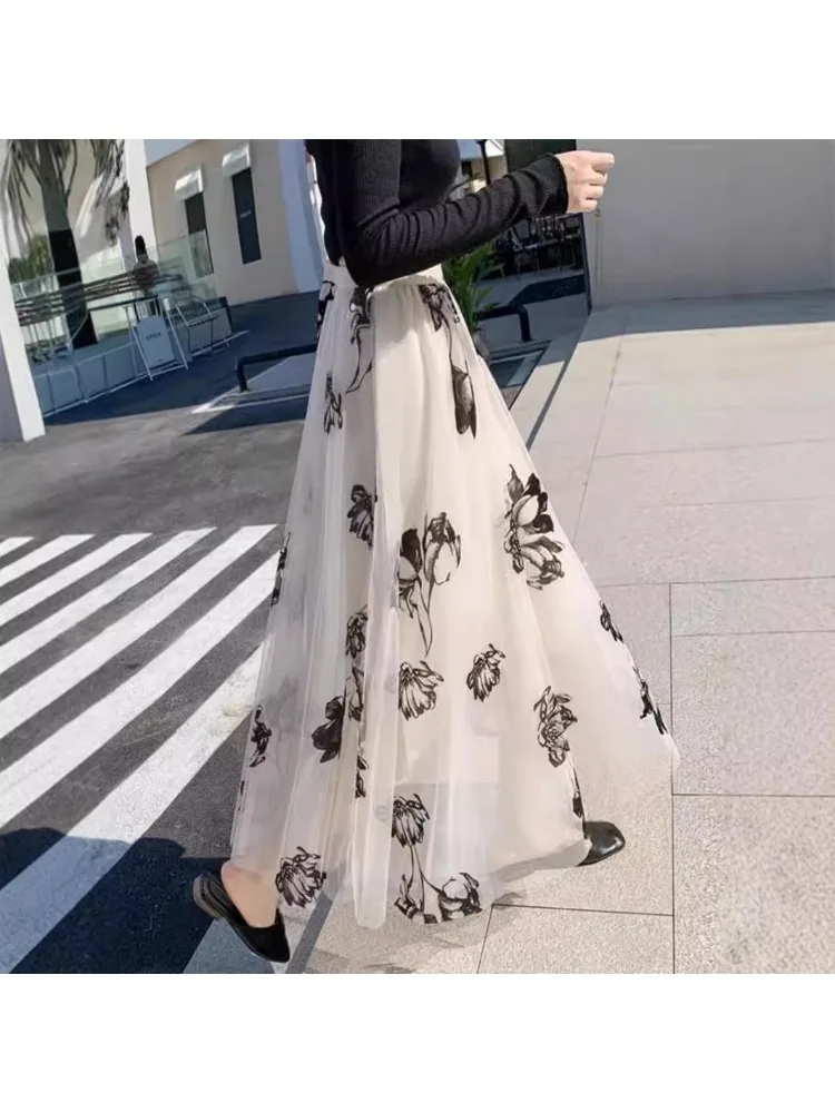 Flocked printed gauze skirt women's skirt midi length off-white A-line skirt mesh lotus skirt