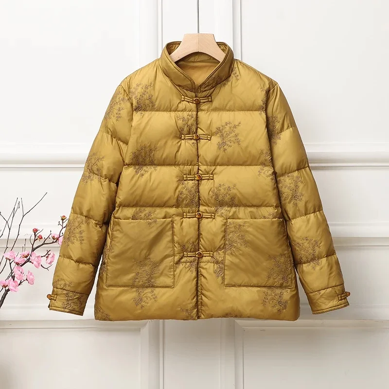 2025 Autumn Winter Retro Ultra Light White Duck Down Jacket Women Stand Collar Warm Puffer Coat Female Short Outwears