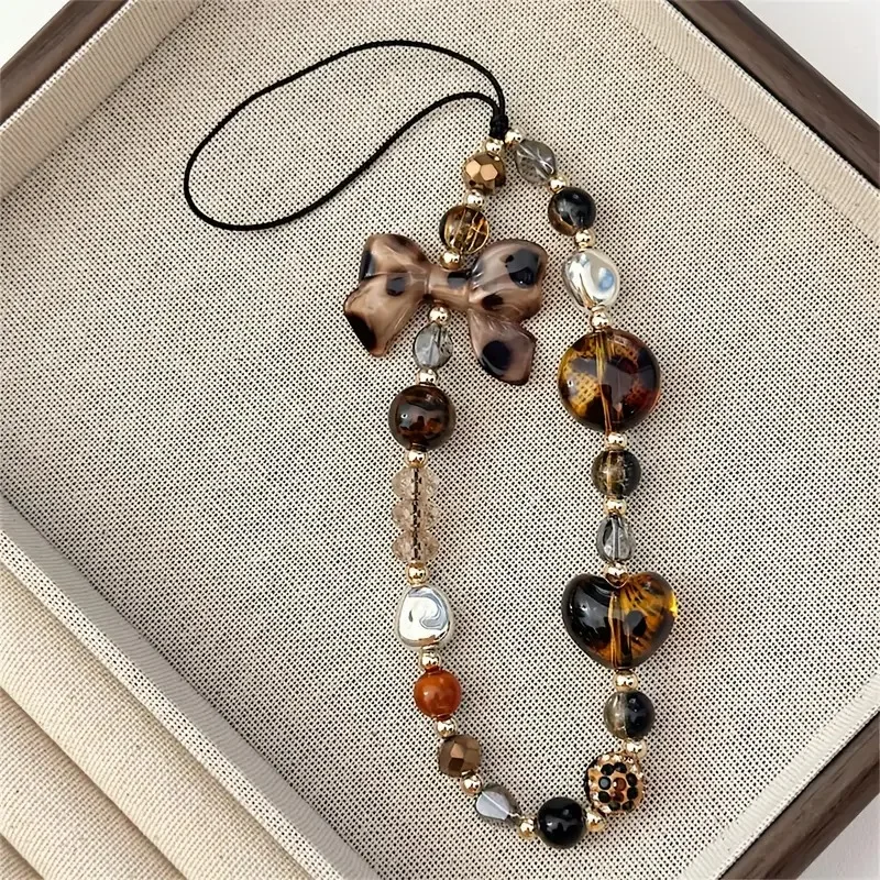 Retro Leopard Print Phone Lanyard with Bead Decoration
