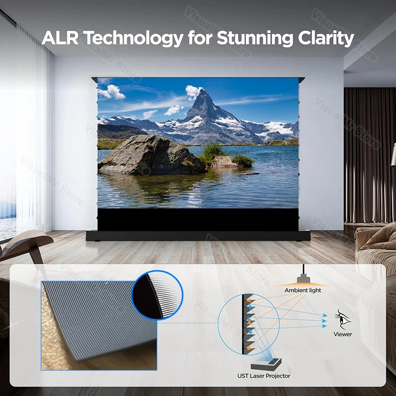 Electric Floor Rising UST ALR Projection Screen Black Grid CLR Tab Tension for Ultra Short Throw Laser TV Projector 4K 8K HDR