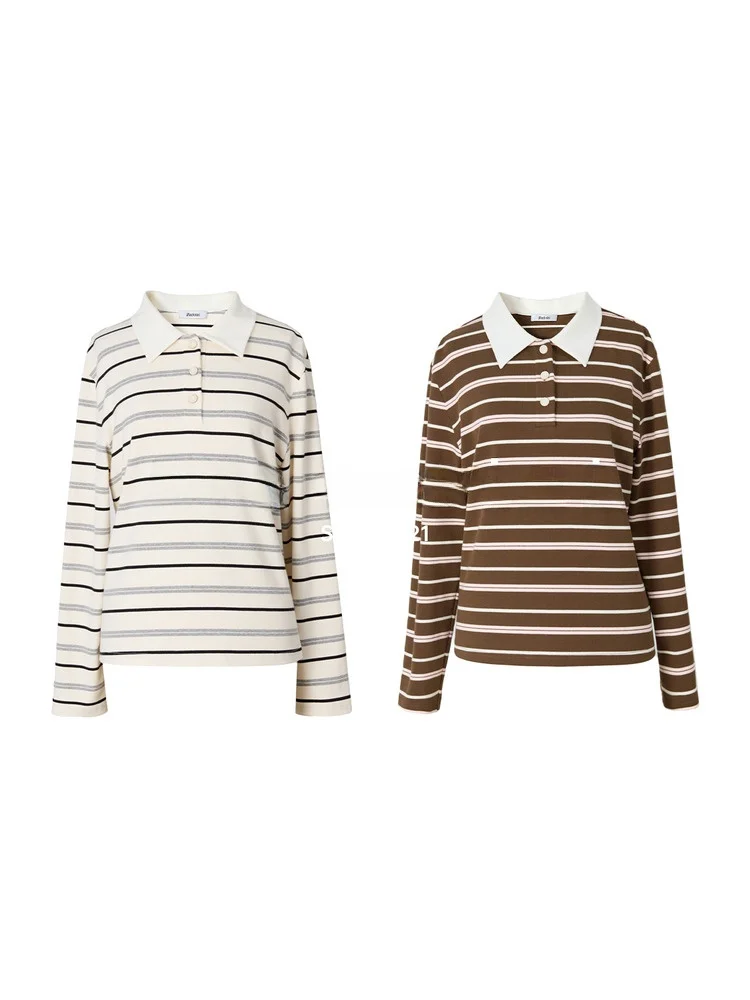 

Double-Sided Knitted Stripe Neck T-Shirt Casual Style Cotton Blend Elastic Fiber Long Sleeve Ladies Fashion Daily Wear