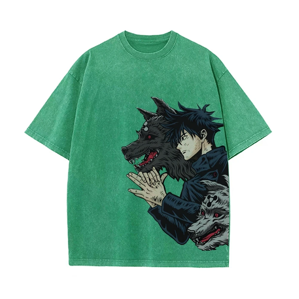 Japanse Anime-Stijl Jongens En Wolf Print Dames T-Shirt Unisex Losse Wash Denim Korte Mouw Vintage Harajuku Stijl Top Tees