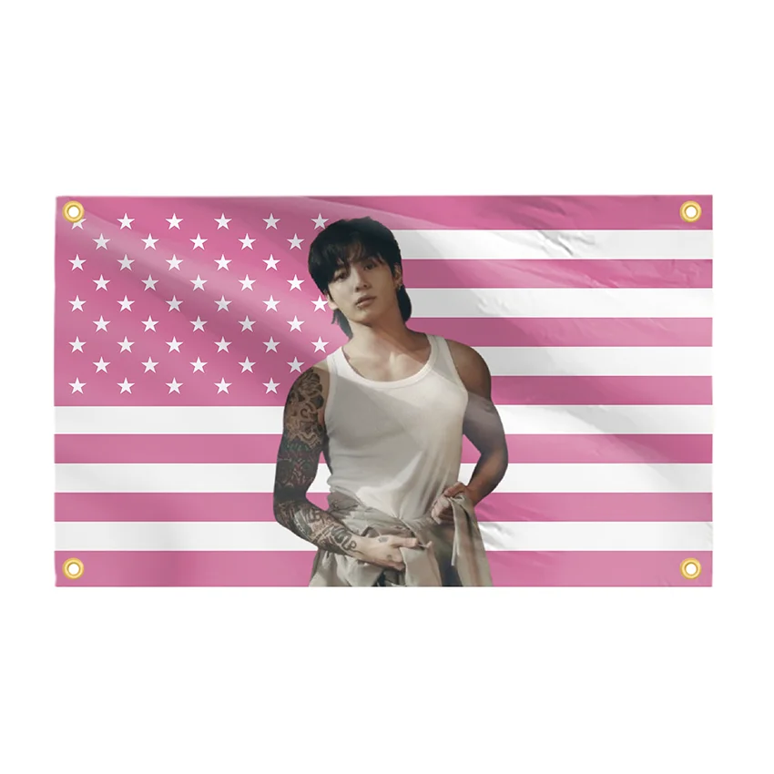 Jungkook-tapiz rosa con bandera americana, ídolo Kpop de EE. UU., pancarta colgante 3X5 para hombre, cueva, dormitorio, Frat, decoración de dormitorio universitario