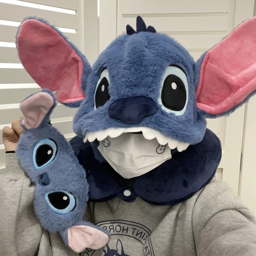 Cartoon Stitch U-shaped Hooded Neck Pillow Travel Blackout Nap Pillow Eye Mask Office Comfortable Pillow With Hat Portable