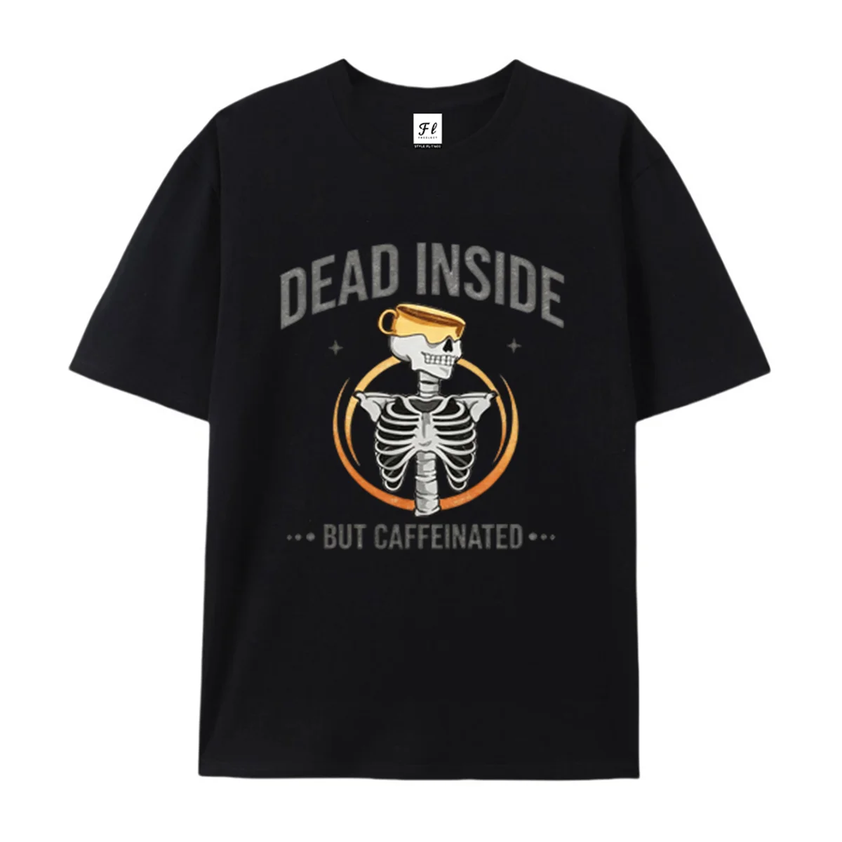 Dead Inside But Caffeinated T-Shirt Skull Coffee Graphic Tee Funny Coffee Lover Shirt Skeleton Coffee Cup Print Top Casual Tee