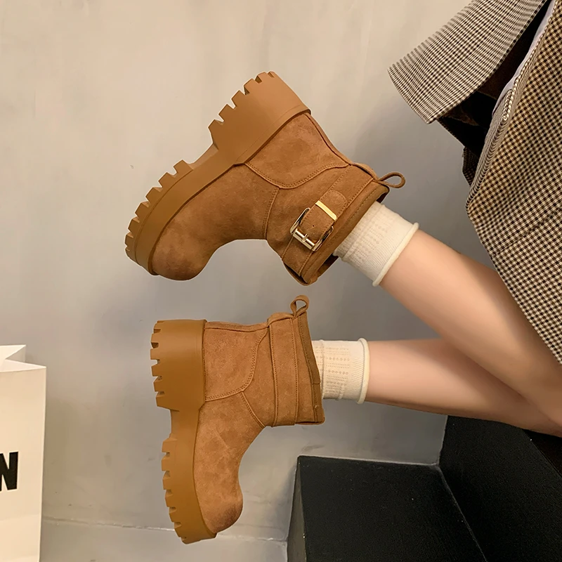 Flats Platform Women Sneakers Ankle Snow Boots 2025 New Suede Short Plush Shoes Woman Winter Casual Walking Non Slip Warm Botas