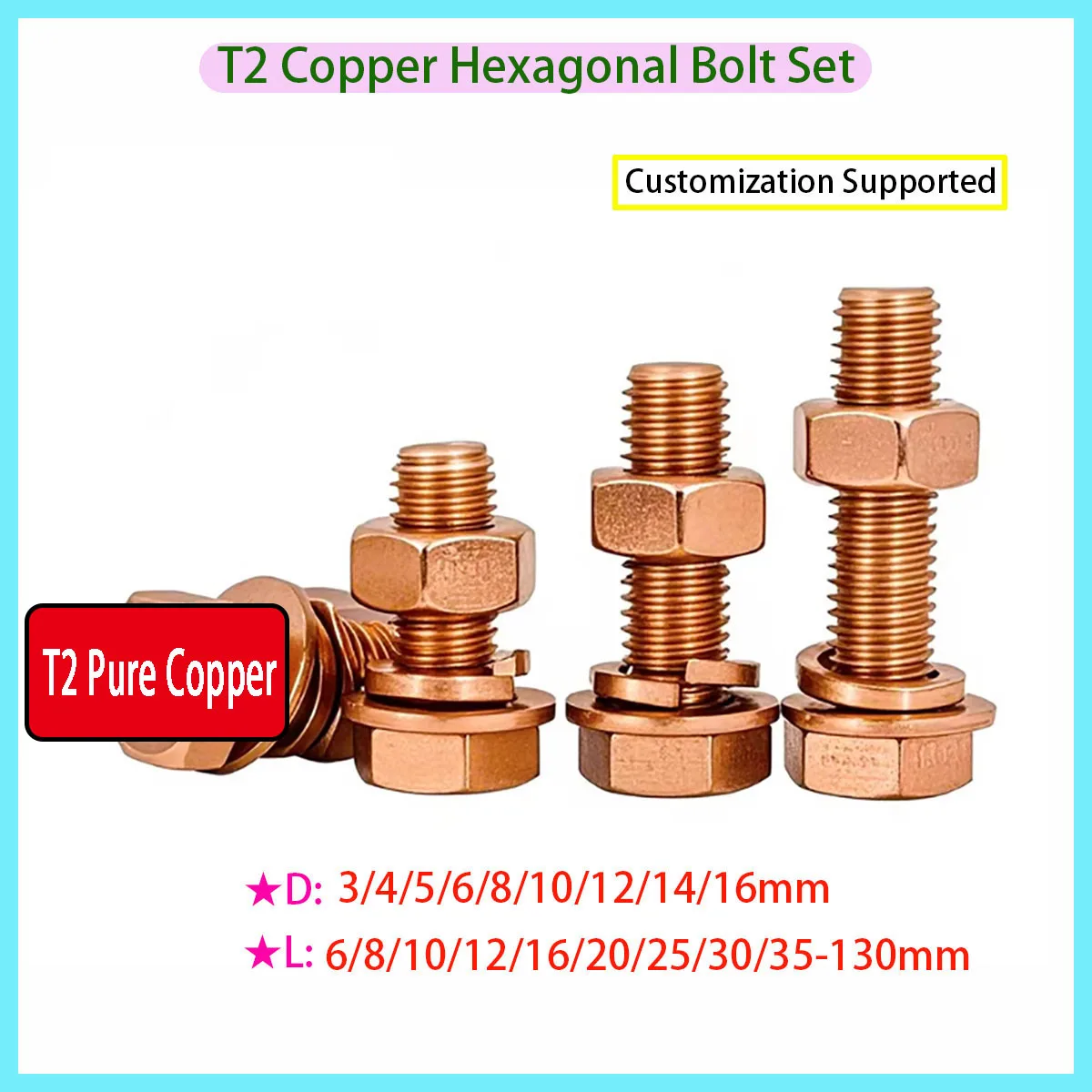 Beicai T2 Pure Copper External Hex Bolts Red Copper Conductive Screws Bolts Nuts Flat Washers Assortment Kit M3-m16