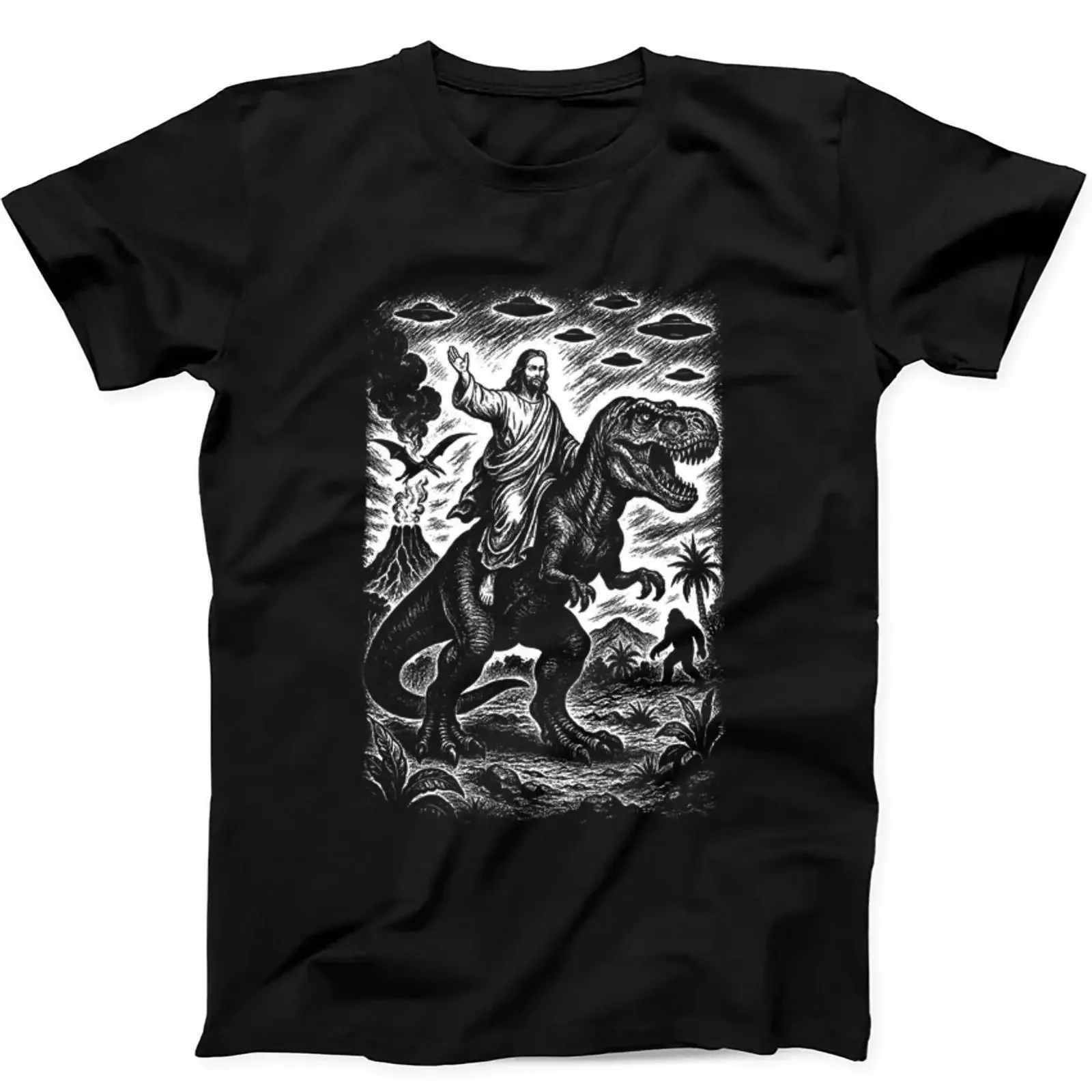 Jesus Riding Dinosaur UFO Bigfoot Volcano Sketch Weird Humorous Hilarious Witty Funny Music Black T Shirt 440 vintage Washed