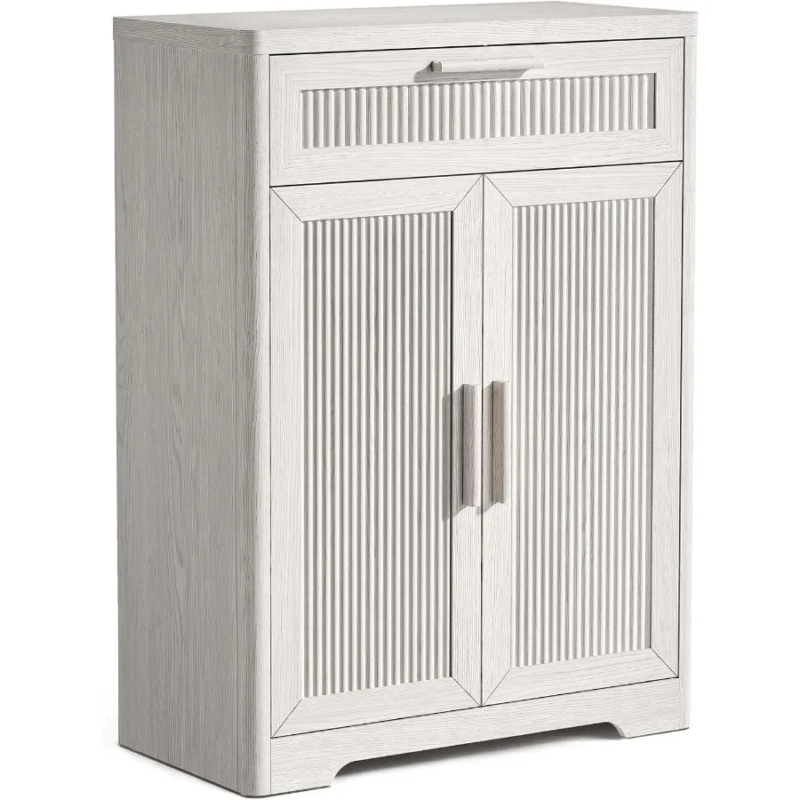 Reeded Accent Entryway Shoe Storage Cabinet, Whitewashed Oak