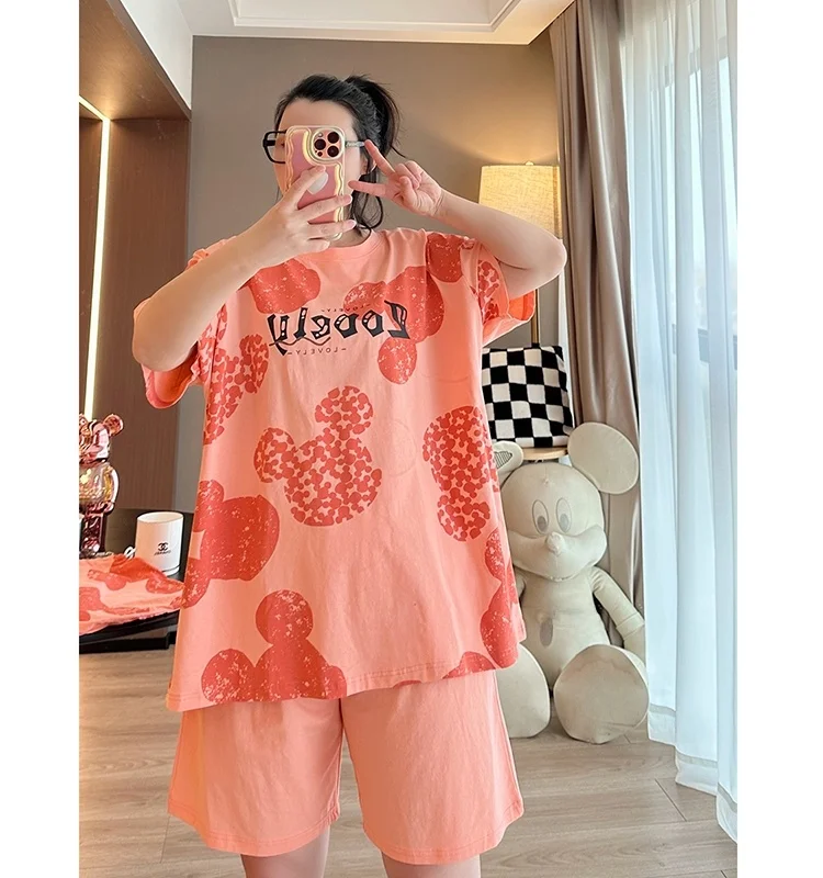 

plus Size Sleepwear Set for plus Size Women Summer Loose Short Sleeve Shorts Home Clothes Two Piece Set Sweet Cute Style Poly...