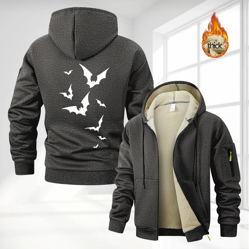 Men's Fashion Bat Print Thickened Zipper Hoodies Autumn Winter Warm Daily Outdoor Commute Casual Sweatshirt Street Style Top