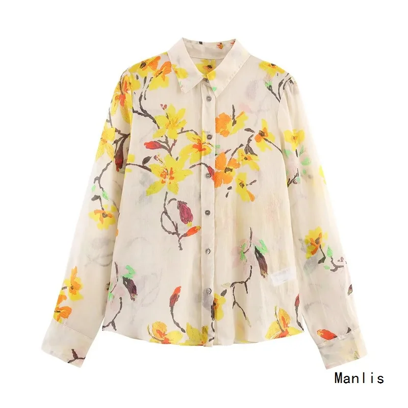 

2025Осенний новый продукт, женская простая повседневная модная свободная рубашка из полиэстера с длинными рукавами и цветочным принтом