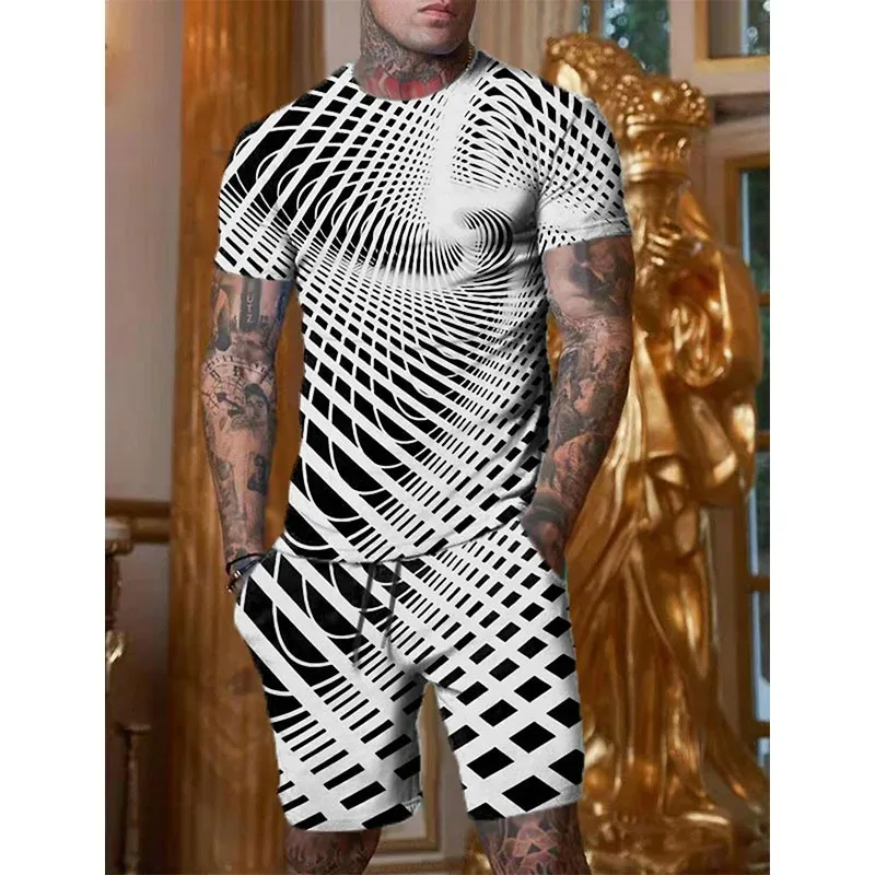 2025 Fun 3D Optical Stripe Printed Men's Summer Casual Round Neck Short-sleeved Shirt and Shorts Street Hip-hop Style Set