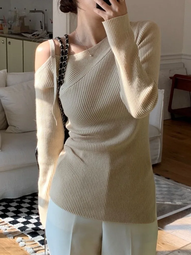 

Slimming Long Sve Knitted Sweater Women's Faion Autumn Winter Design Waist-Cinching One-oulder Unusual Sve Length
