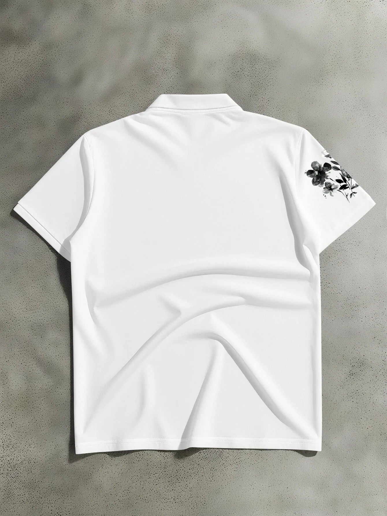 Men's Dark Style Short-Sleeve Polo Shirt with Ink Wash Floral & Italic English Lettering Print - Suitable for Casual Casual Wear