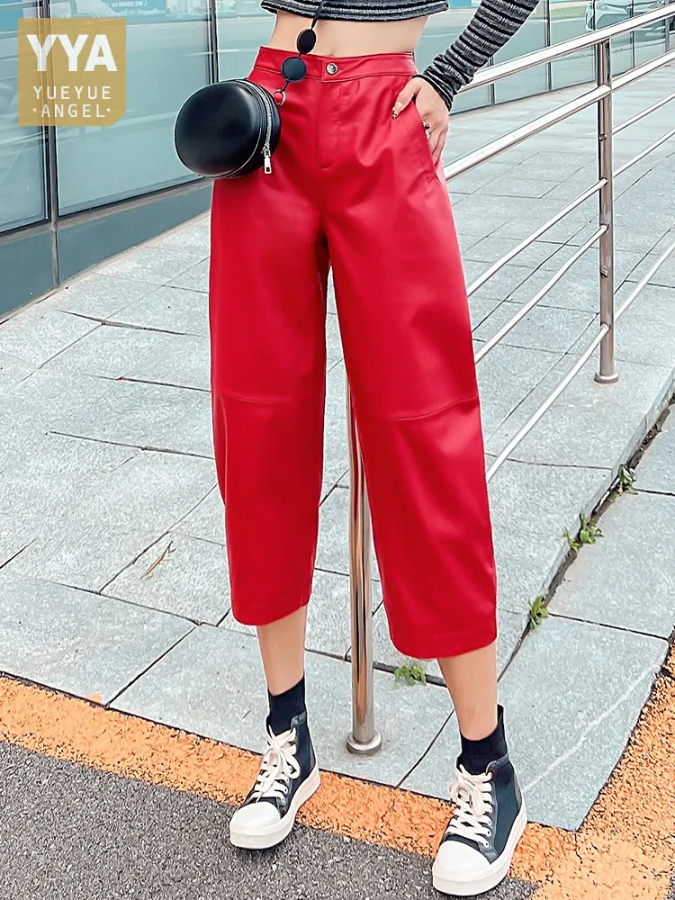 

Fashion Women Loose Fit Soft Sheepskin Harem Pants Calf-Length Spring Casual Streetwear Trousers Female Genuine Leather Pants