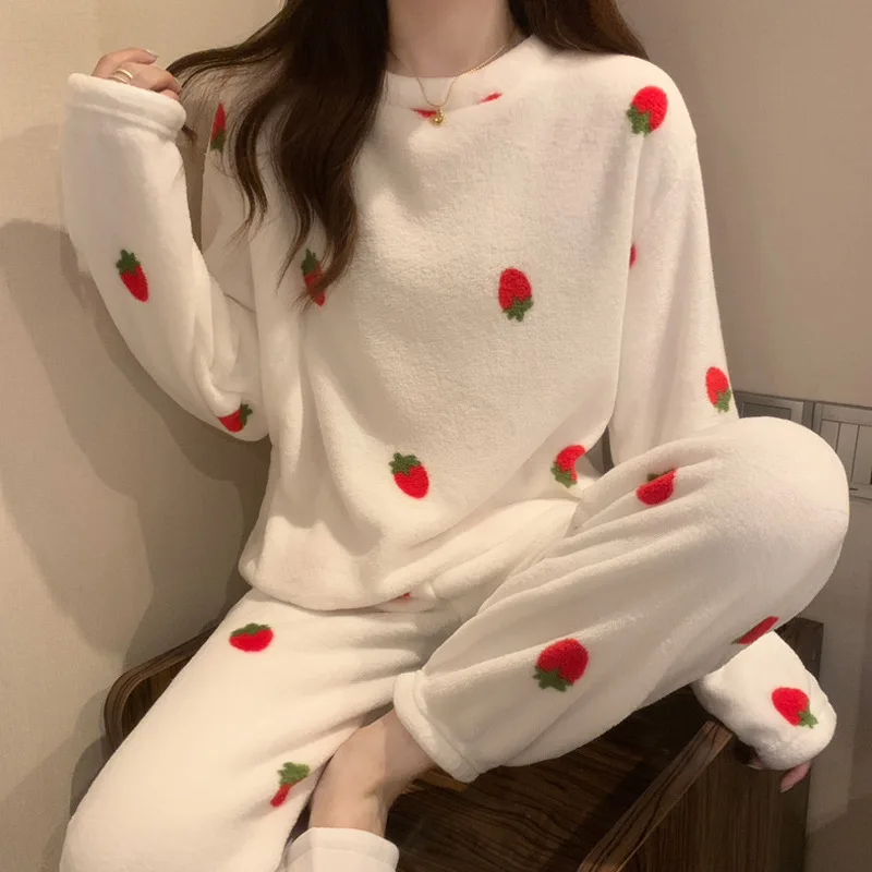 Pajamas Winter Women\'s Padded Thickened Loose Large Size Drawstring Feet Coral Fleece Leisure Home Suit Warm Pajamas Set