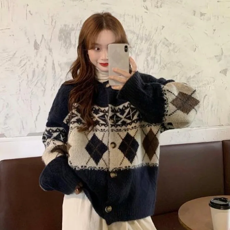 Fashion jacquard O-neck Long sleeve sweater Women Autumn Winter knitting Cardigan coat office Lady All-match trend knitting tops