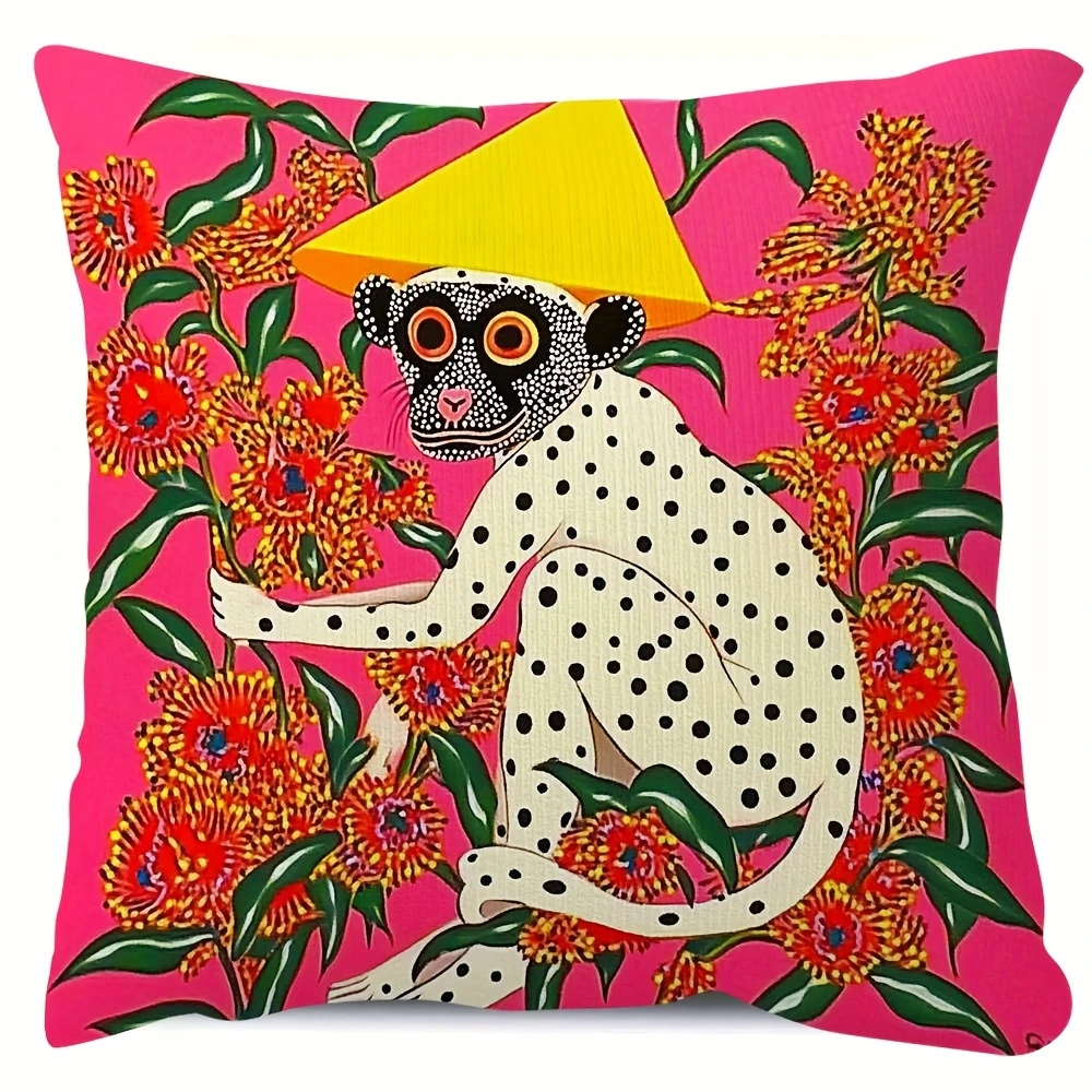 2D flat- Vibrant Polka Dot Monkey Throw Pillow Cover Bohemian Floral Jungle Decorative Cushion Case for Sofa Bedroom Living Room