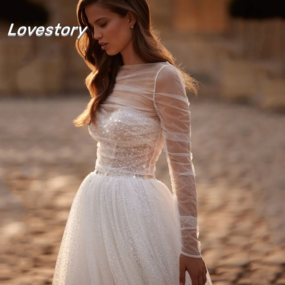 

Boho Sequined Tulle Customized A Line Wedding Dresses Sweetheart Neck Illusion Bride Dress Lace Up Bridal Gown Vestidos De Novia