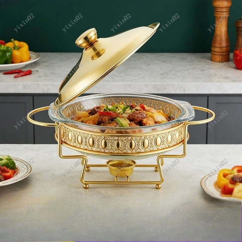 

Nordic Stainless Steel Round Chafing Dish Alcohol Heating Buffet Warmer with Glass Cover for Hotel
