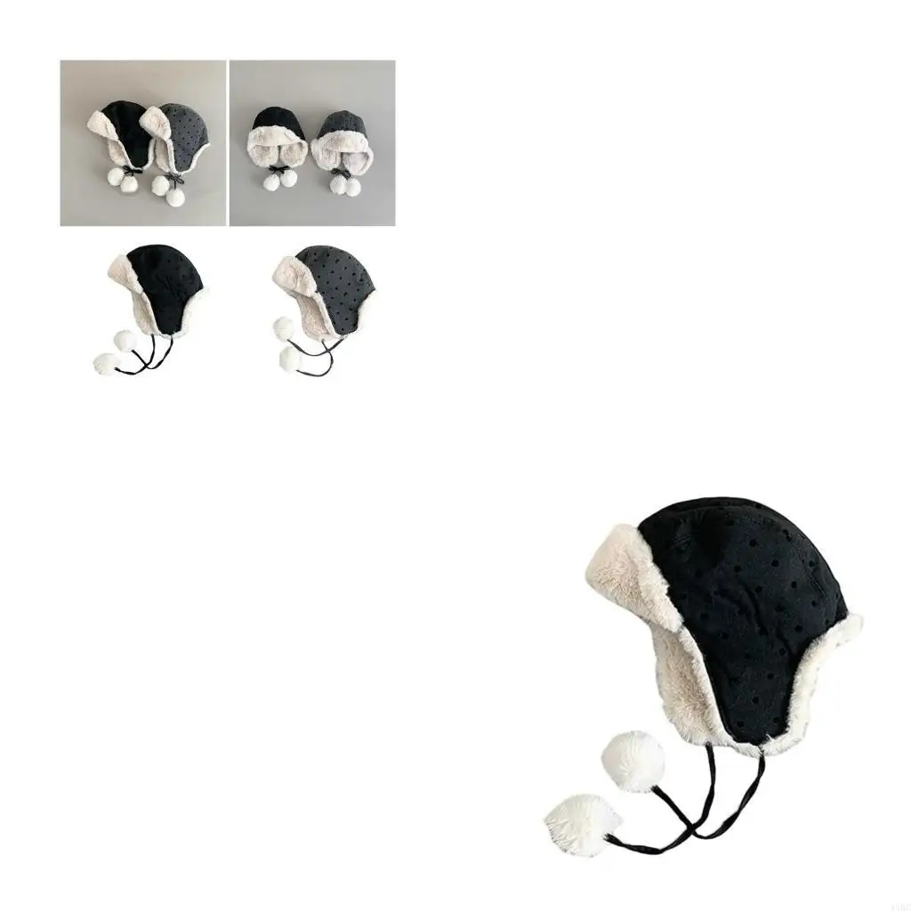 

Children's Warm Earflap Hat Kids Bonnet Caps with Stylish Dot Bowknot Decor 4XBC