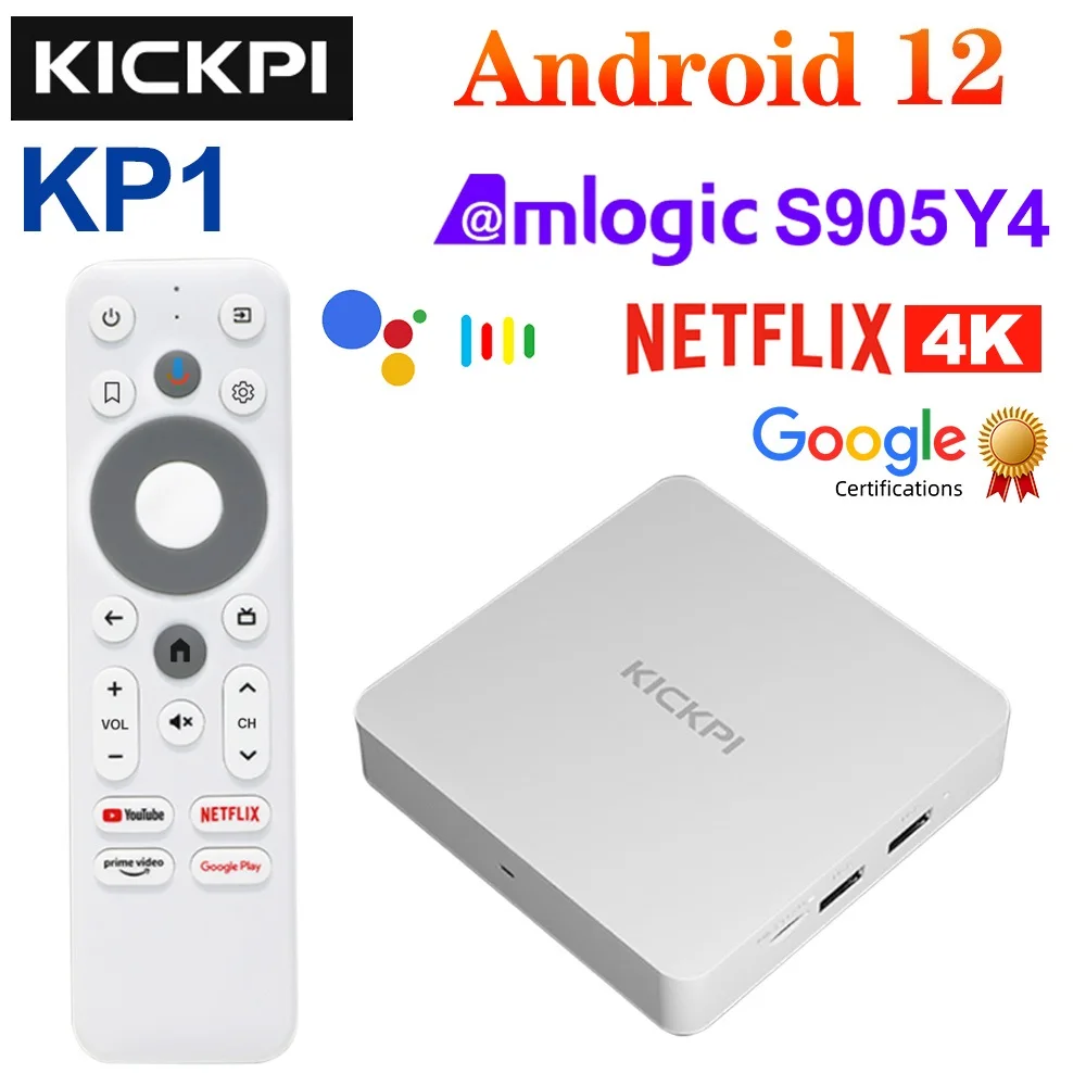 

KICKPI KP1 Google Certified TV Box Android 12 Amlogic S905Y4 2GB 32GB Voice Support AV1 1080P H.265 4K 60pfs 2.4G&5G Set top box