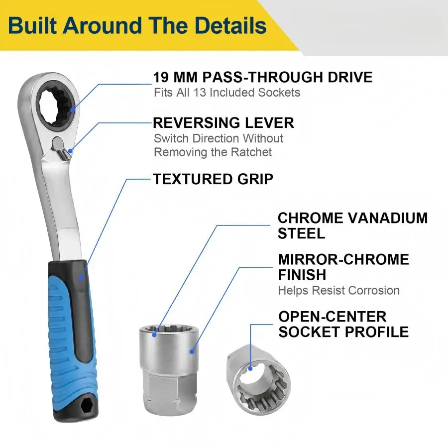 29pcs Hollow Pass-Through Ratchet Wrench Set Reversible 12 Point Socket Bits Extension Bar Adapter Repair Tool Kit view 3