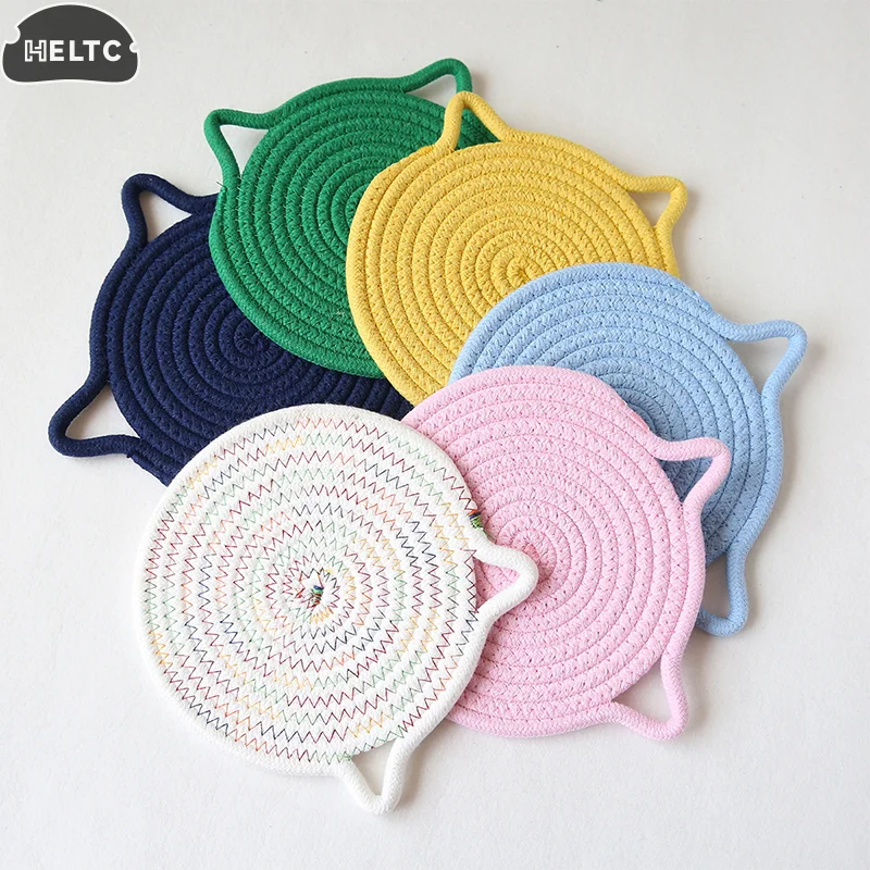 1pc Cotton Rope Woven Insulation Pad Design Dining Table Tray Mat Insulation Pad Cartoon Cat Ear Shaped Solid Color Dining Table