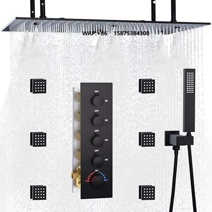 

Weihao Thermostatic Brass Black Modern Shower System Super Large Bathroom Shower Sets