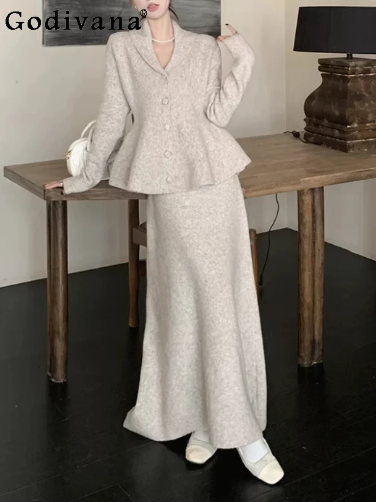 

Plus Size Women Autumn 2025 Elegant French Temperament Slim Long Sleeve Knitted Cardigan Fashion High Waist A-line Skirt Sets