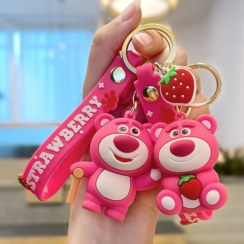 1Pc Anime Toy Story Strawberry Bear Lotso Keychain Figure Cosplay Bag Pendant Keyring Collectible Model Jewelry