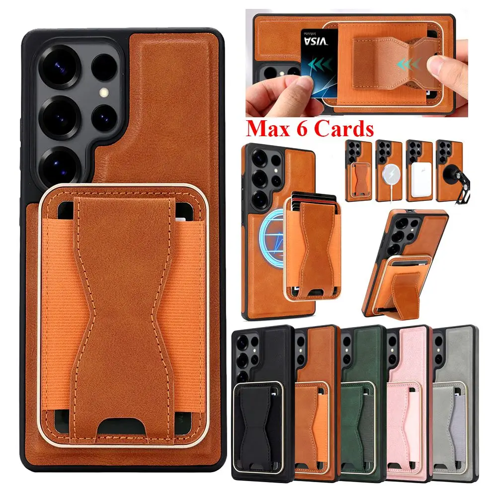 

Кожаный магнитный чехол 2 в 1 для Samsung Galaxy S25 Ultra S24 Plus S23 S25U с подставкой и слотами для карт, чехол для телефона с беспроводной зарядкой