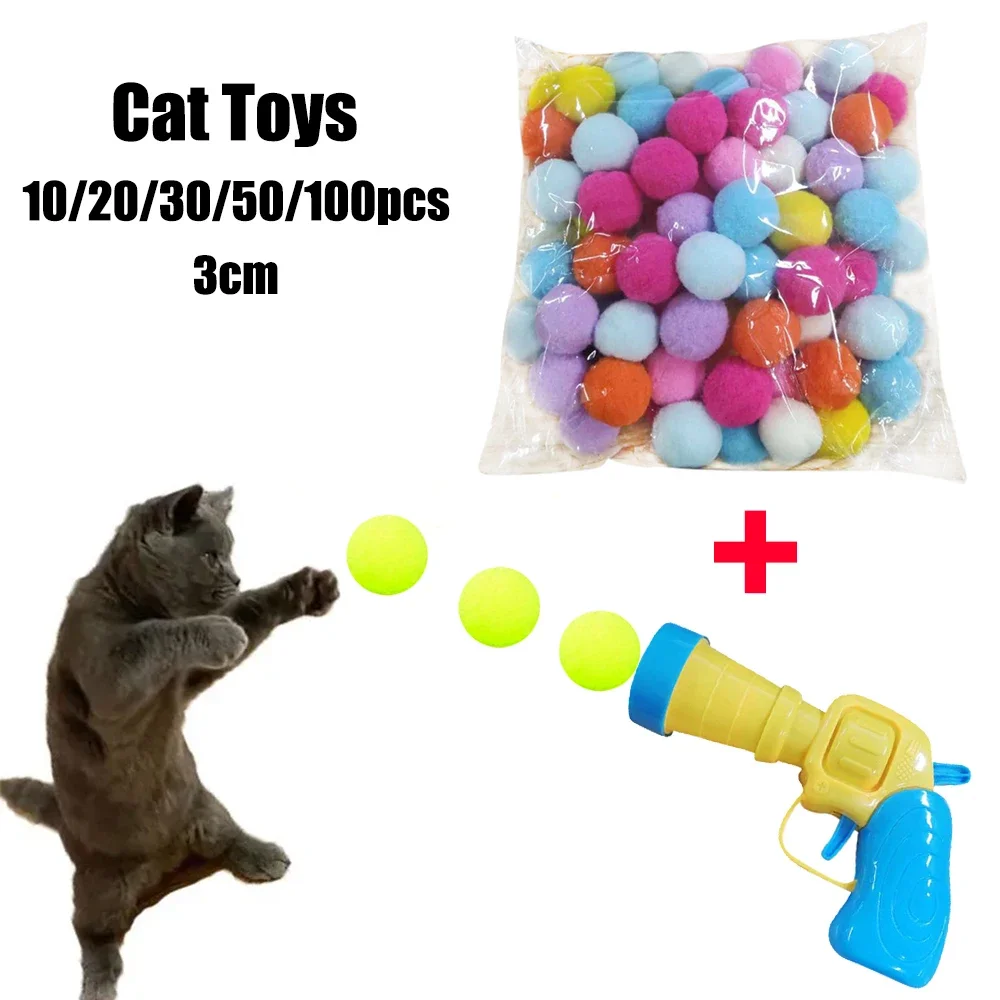 Interactive Launch Training Cat Toys Set Including A Launcher And 20/30/50/100 Fluffy Plush Balls Suitable For Indoor Cats