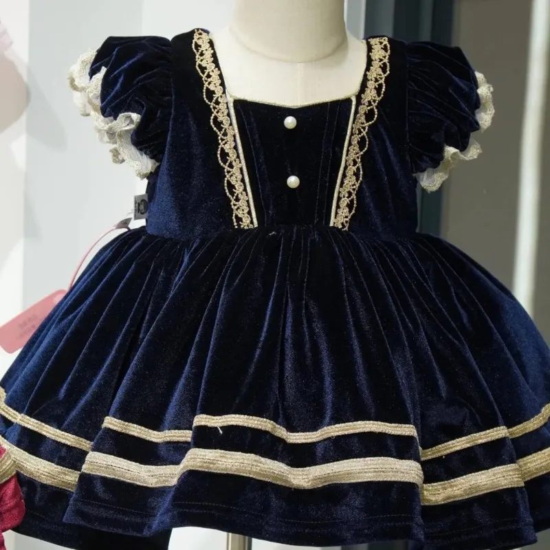 Handgefertigtes Samtkleid für Mädchen, Frühling und Herbst, Tutu-Prinzessinnenkleid, Einfaches Festtagskostüm für Kinder, Spanisches Kleid – Detail 4