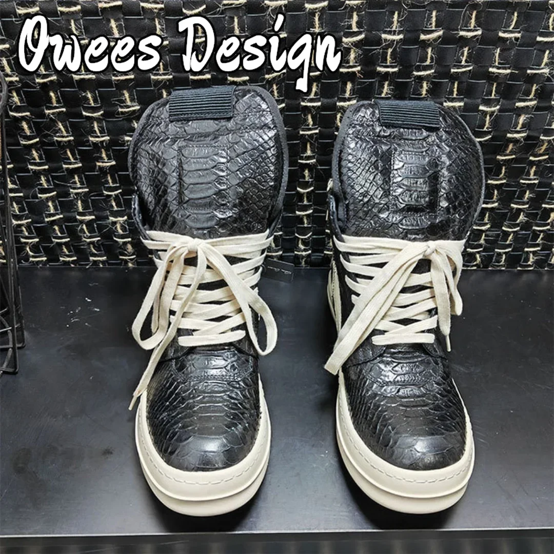 Owees Design Women and Men Platform High Top Boots Leather Zip Lace Up Casual Sneakers Flats Black Luxury Autumn Designer Shoes