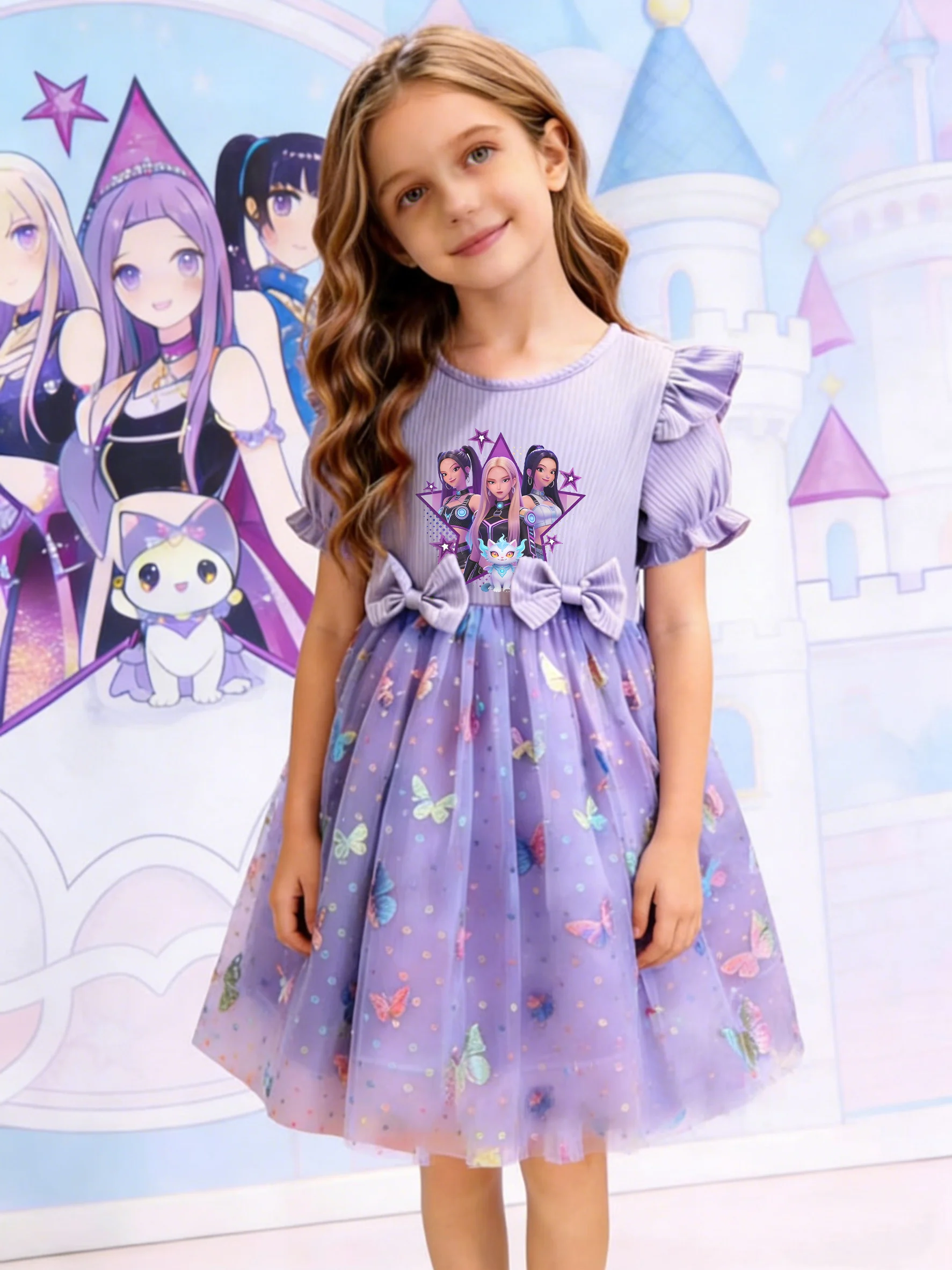 Lila Schmetterling Tüll Prinzessinnenkleid für Mädchen, Sommer Anime IP Besticktes Flatterärmel-Kleid – Detail 2