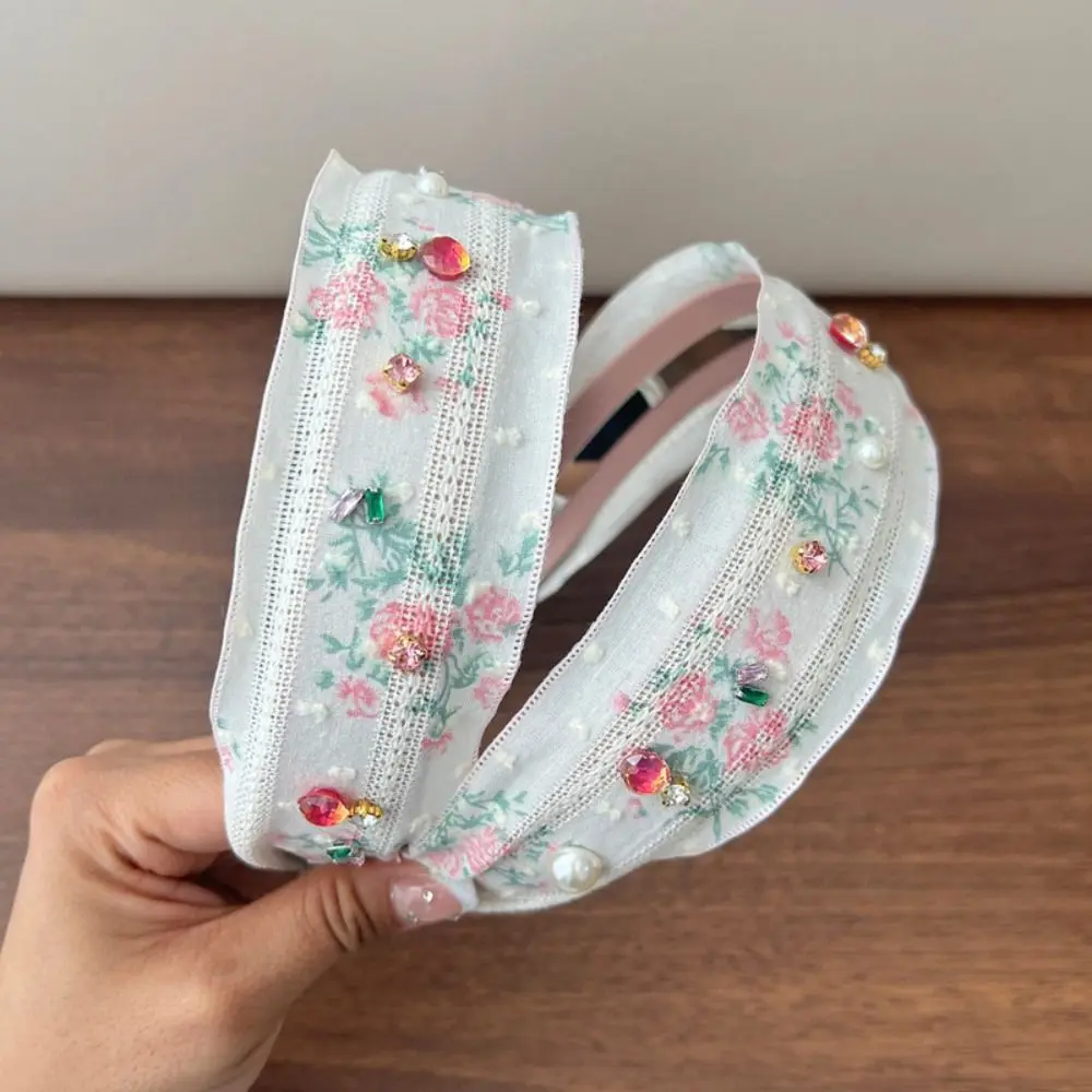 

All-match Korean Style Embroidery Lace Headband Floral Flower Bow Hair Rope Headwear Wide Edges Rhinestone Hair Band Women